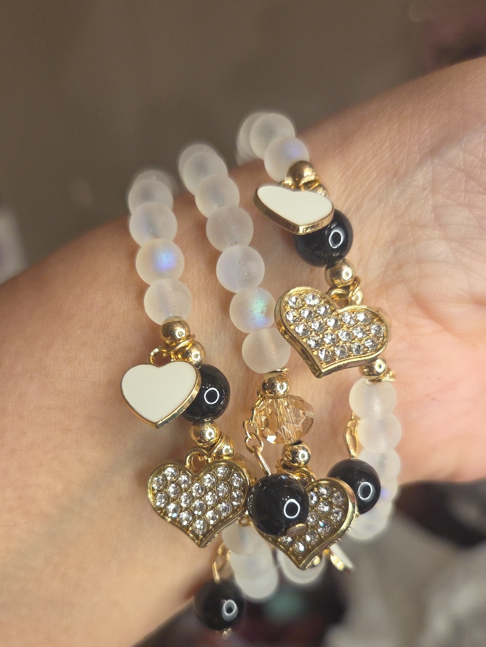 3 Gold Heart & Bead Stretch Bracelet Set in White and Black